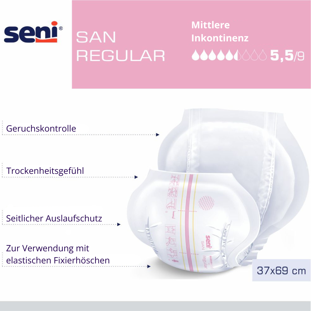 Seni San Regular - 30 Inkontinenzvorlagen für Menschen mit eingeschränkter Mobilität und mittlerer Blasenschwäche